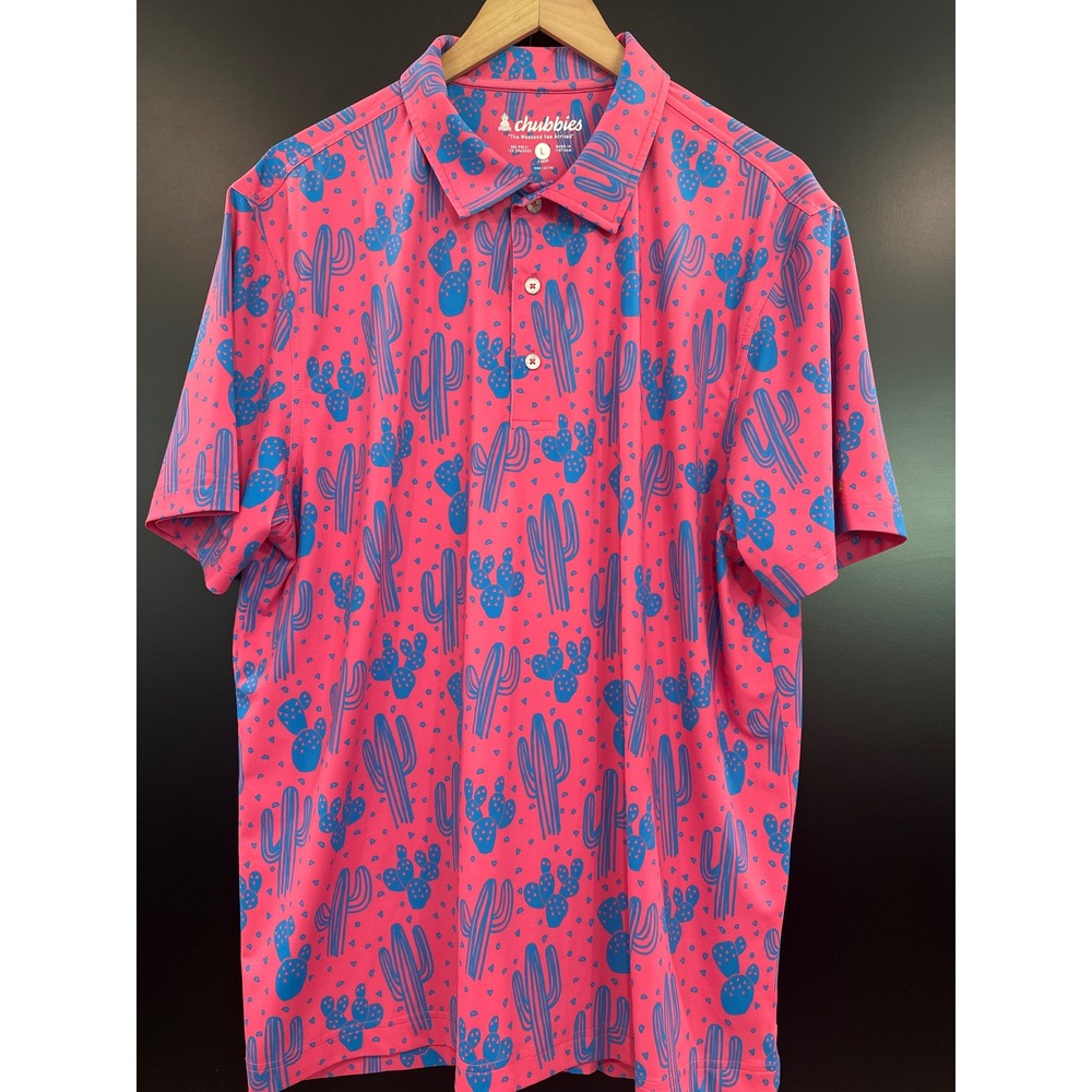 Chubbies Mens Pink Blue Cactus Print Performance Polo Shirt Large RN143198